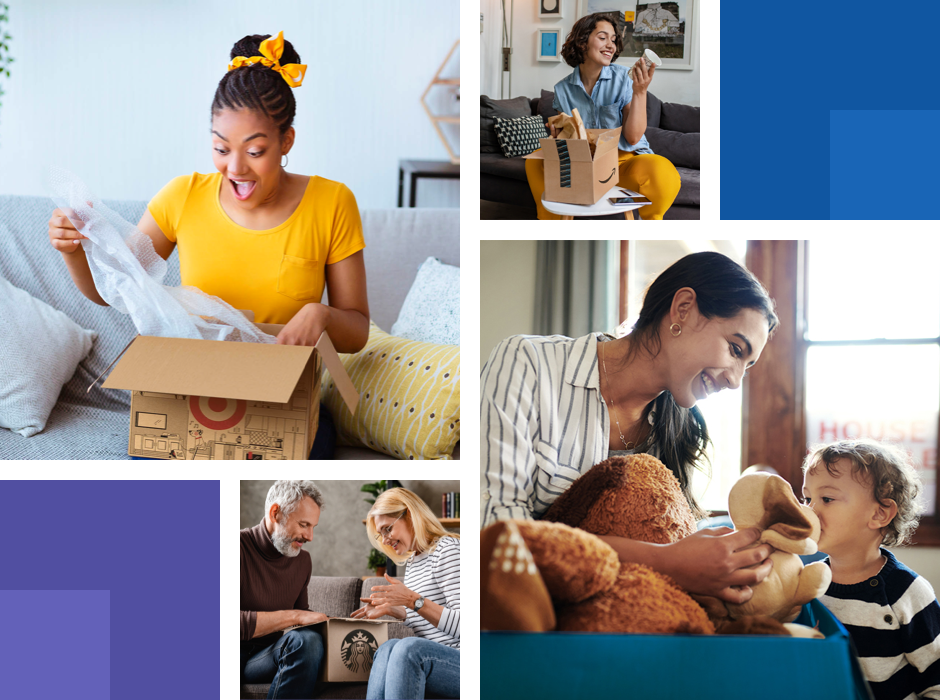 A Collage of various people excited to open boxes received from Target, Amazon and Starbucks.